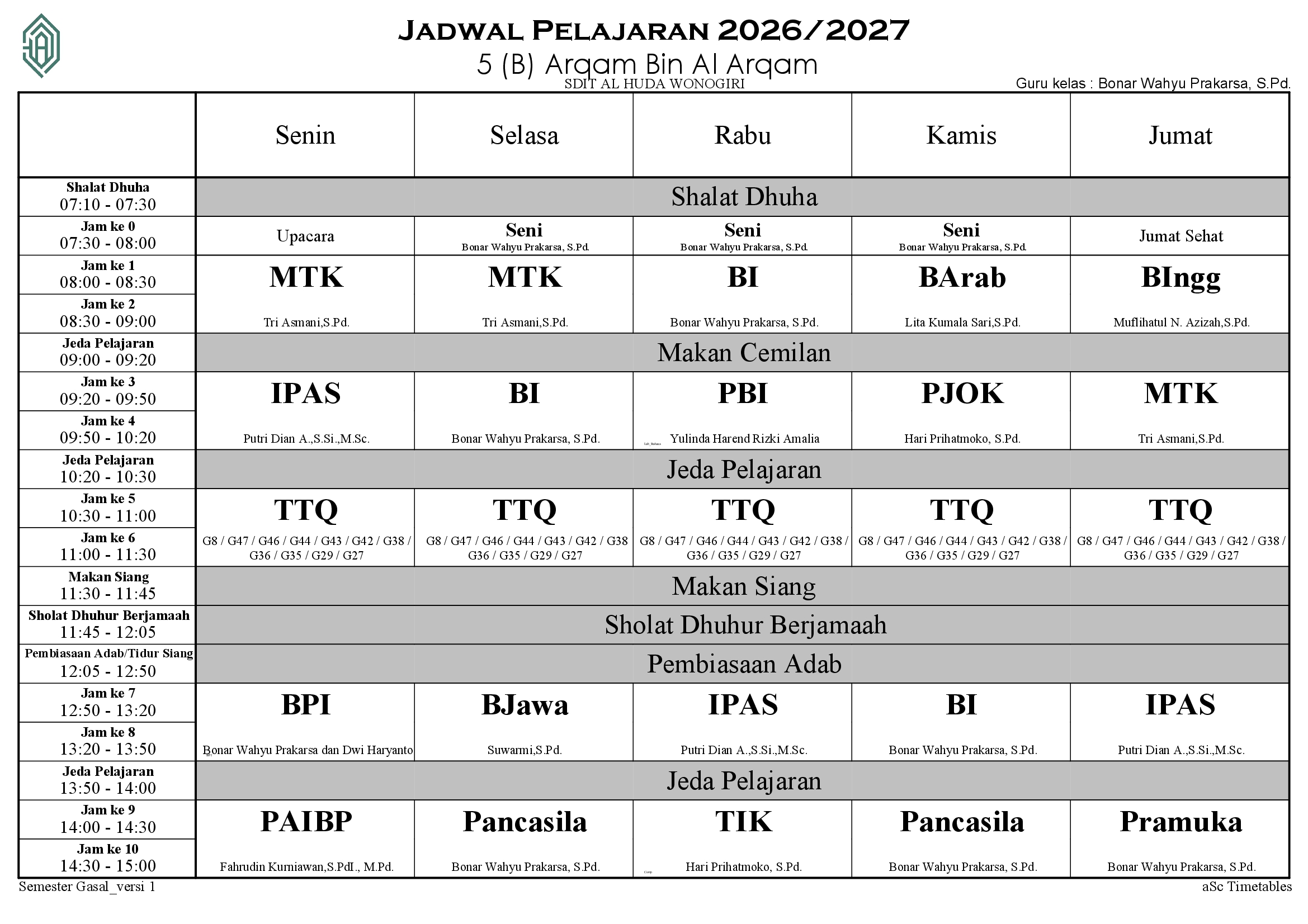 Jadwal 5 (B) Arqam Bin Al Arqam